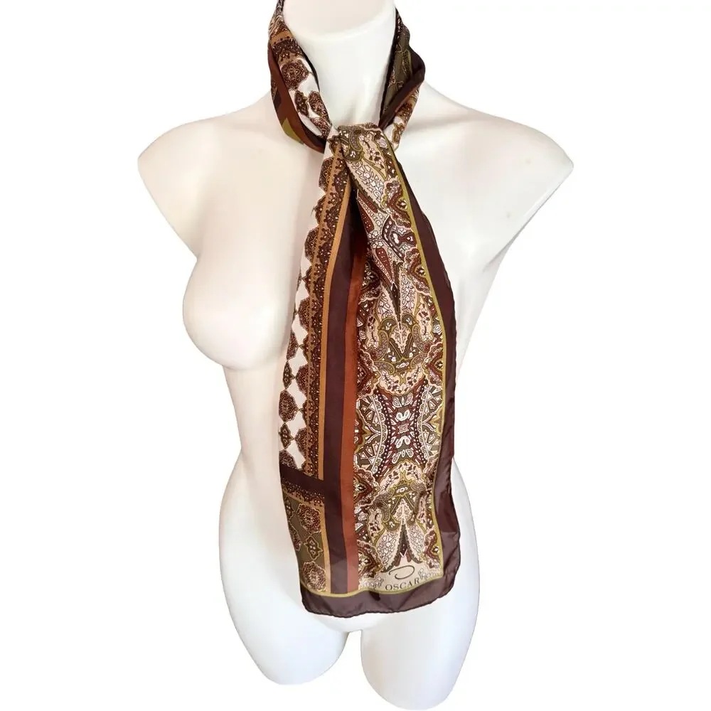 Vintage 70s Oscar de la Renta Silk Scarf Brown Olive Paisley 11x54 Oblong